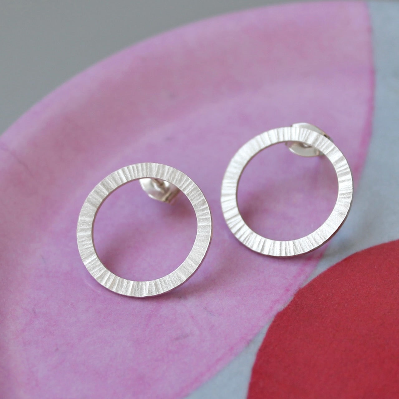 beautiful large aureole ear studs sterling silver with hammered surface