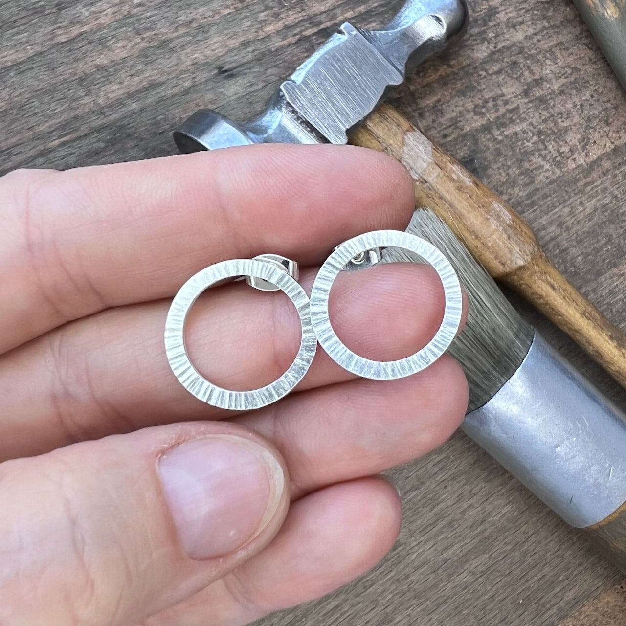 beautiful large aureole ear studs sterling silver with hammered surface