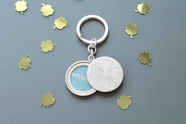 solid silver keyring photo locket with clover leaf