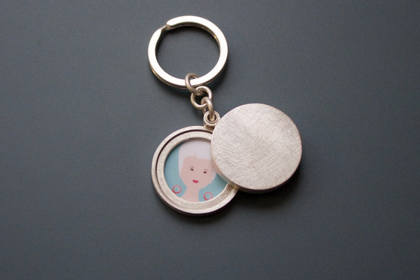 silver keychain locket for two pictures with personalized  initial