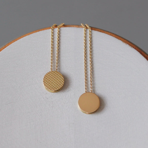 tiny minimalist necklace in 18ct gold with reversible check pattern pendant