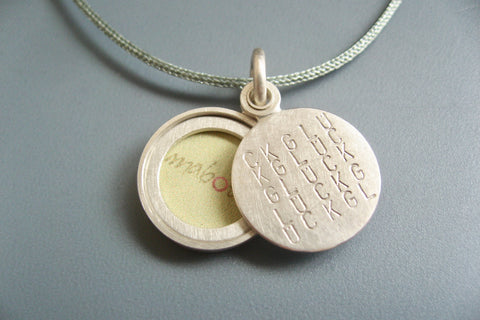 tiny typographic picture locket in sterling silver